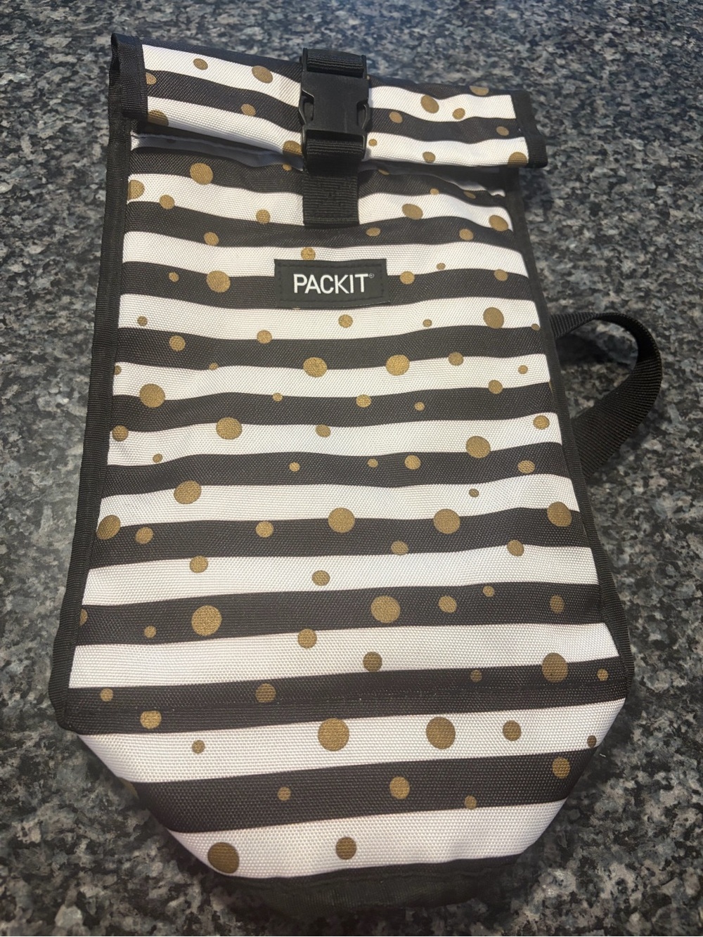 PACKIT Roll-Top Wine Bag in White, Black & Gold Dot Stripe